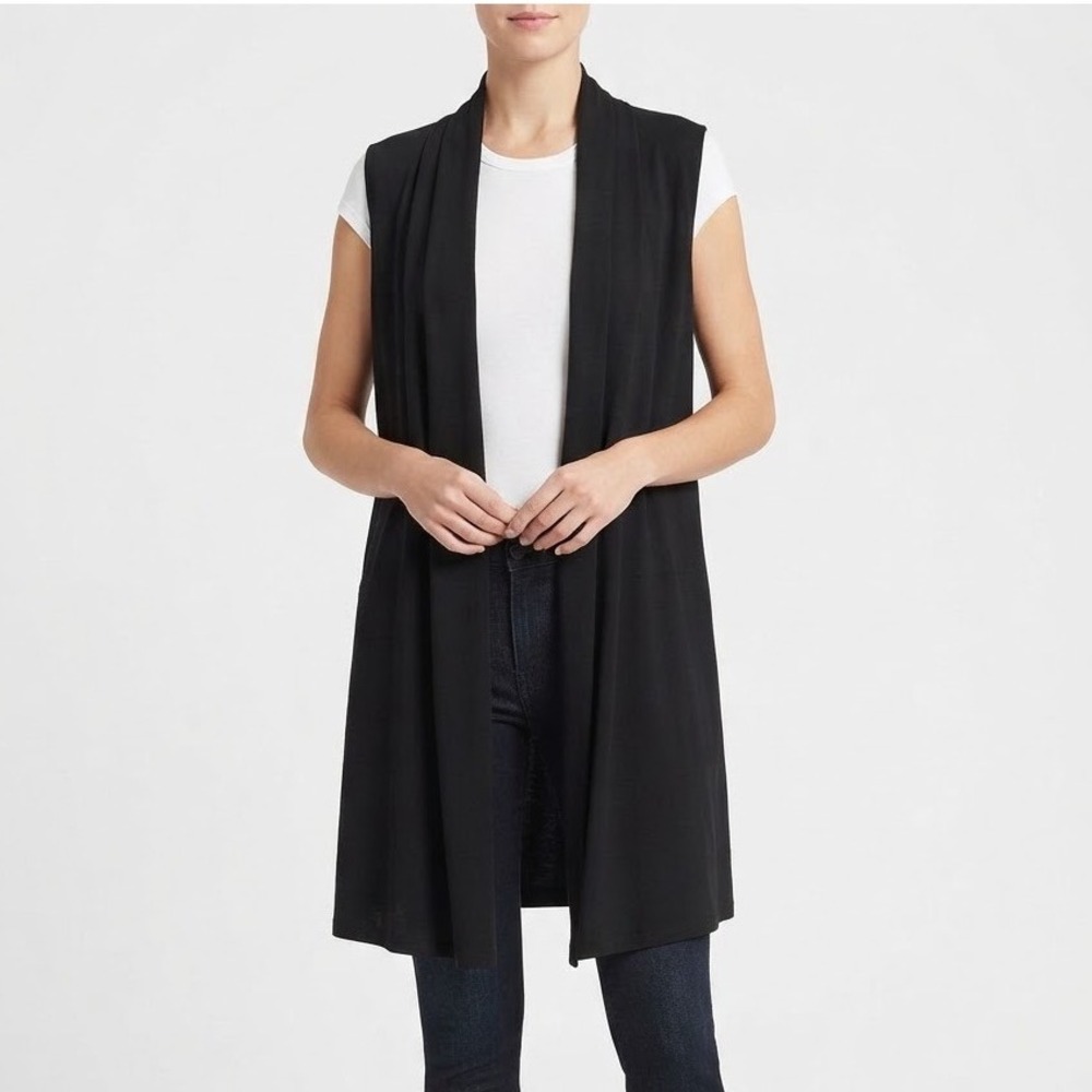 Eileen Fisher Long Sleeveless Cardigan Vest Open Front Pockets Black Extra Small